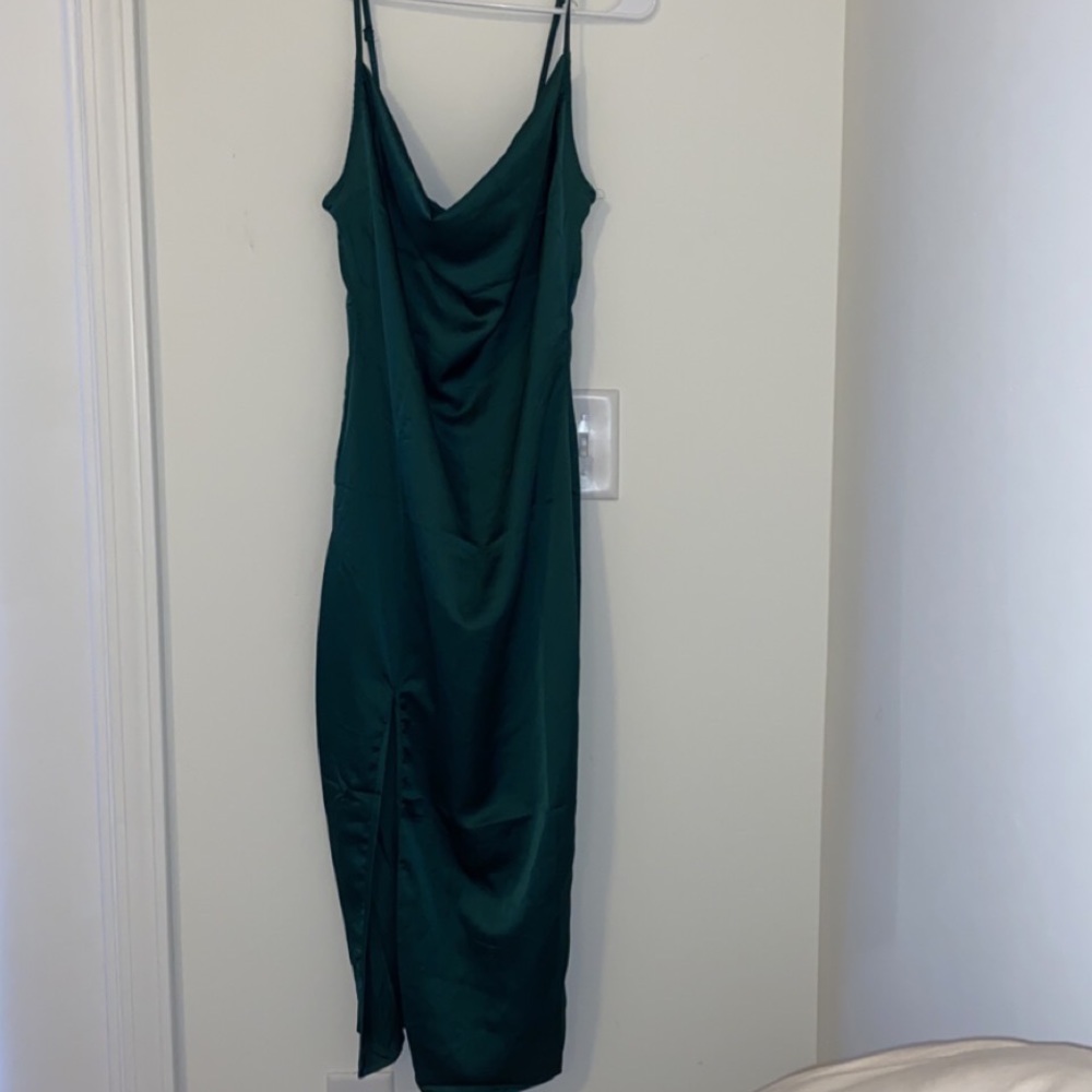 Prettylittlething Emerald green strappy satin cowl midi dress